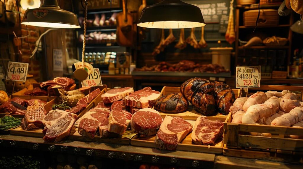 a rustic butcher shop brimming with vibrant cuts of freshly prepared meat, illuminated by warm ambient lighting that highlights their rich colors and textures.