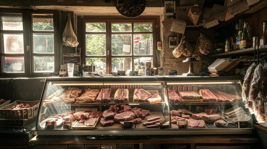 a rustic, sunlit local butcher shop displays an array of vibrant, high-quality meats, showcasing the artistry of craftsmanship and the importance of community connections.