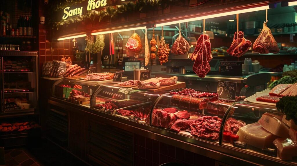 a vibrant butcher shop brimming with an array of freshly cut meats, bathed in warm, inviting light that highlights the rich textures and deep colors of the products, inviting customers to compare choices.
