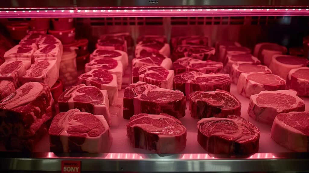 a vibrant butcher shop filled with an array of perfectly arranged, high-quality cuts of meat, illuminated by warm, inviting light, showcasing the artistry of the trade.