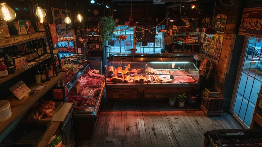 a vibrant butcher shop brimming with fresh cuts of meat, illuminated by warm, inviting light, showcasing an array of colorful, artisanal products against rustic wooden displays that embody the charm of affordable hidden gems.