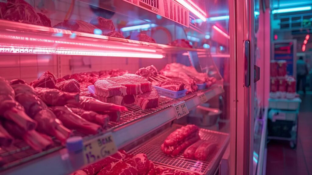a vibrant butcher shop filled with an array of expertly displayed, succulent cuts of meat under warm, inviting lighting, showcasing the artistry of traditional meat markets.