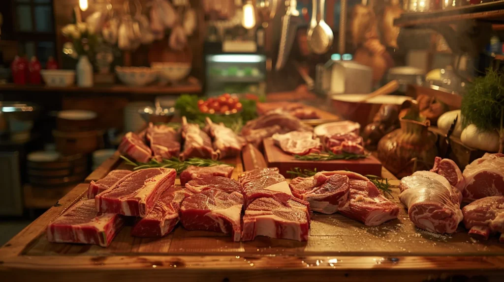 a vibrant butcher shop showcases an array of freshly cut meats displayed on wooden counters, illuminated by warm, inviting light that highlights the rich textures and colors of the products.