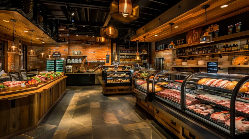 a vibrant butcher shop showcases an array of expertly dressed meats, gleaming under warm, inviting lighting that highlights the shop's artisanal quality and craftsmanship.