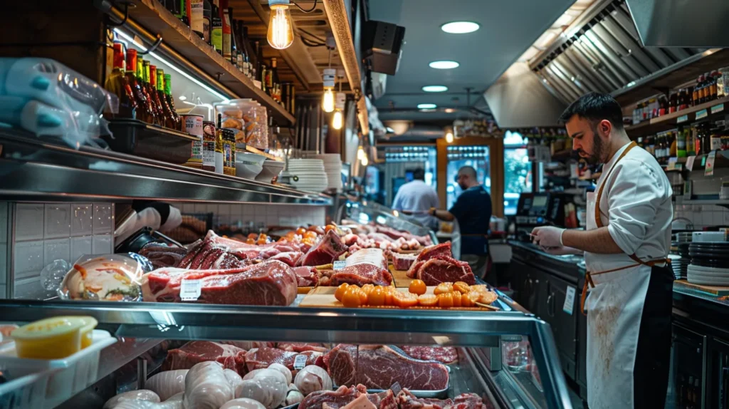 a bustling butcher shop displays an array of fresh, expertly arranged meats, with gleaming stainless steel counters and a skilled butcher in a crisp white apron at work, illuminated by warm, inviting overhead lights.
