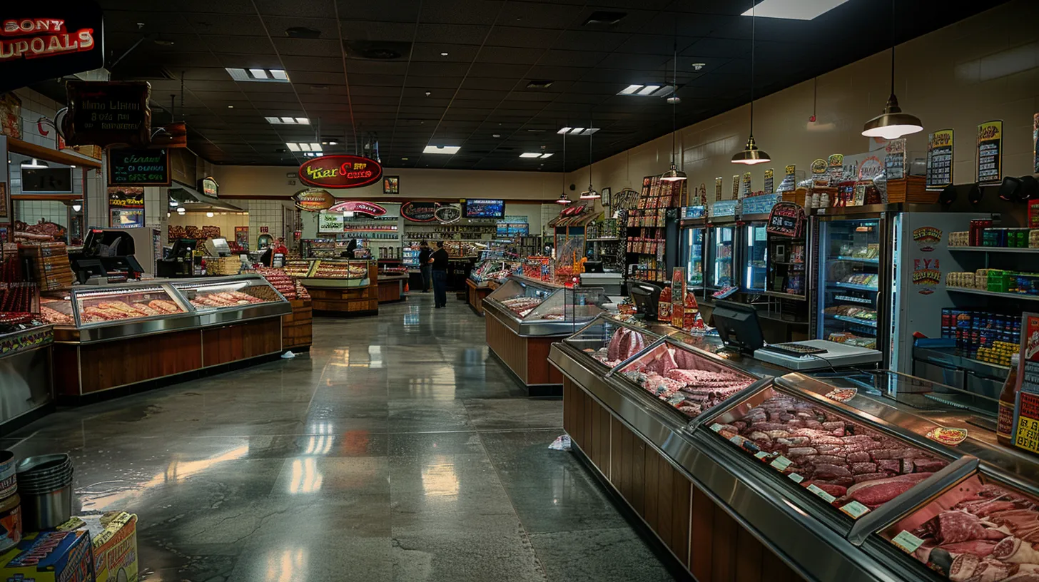 a bustling butcher shop filled with gleaming stainless steel counters and colorful displays of expertly cut meats, illuminated by bright overhead lights that enhance the shop's vibrant atmosphere. a bustling butcher shop filled with gleaming stainless steel counters and colorful displays of expertly cut meats, illuminated by bright overhead lights that enhance the shop's vibrant atmosphere.