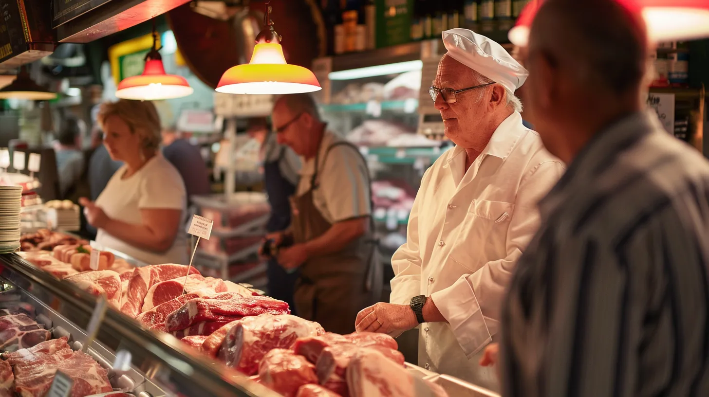 a bustling butcher shop interior showcases a knowledgeable butcher enthusiastically discussing various cuts of meat with an engaged customer, surrounded by an array of neatly displayed, expertly prepared meats that highlight the personalized service offered. a bustling butcher shop interior showcases a knowledgeable butcher enthusiastically discussing various cuts of meat with an engaged customer, surrounded by an array of neatly displayed, expertly prepared meats that highlight the personalized service offered.