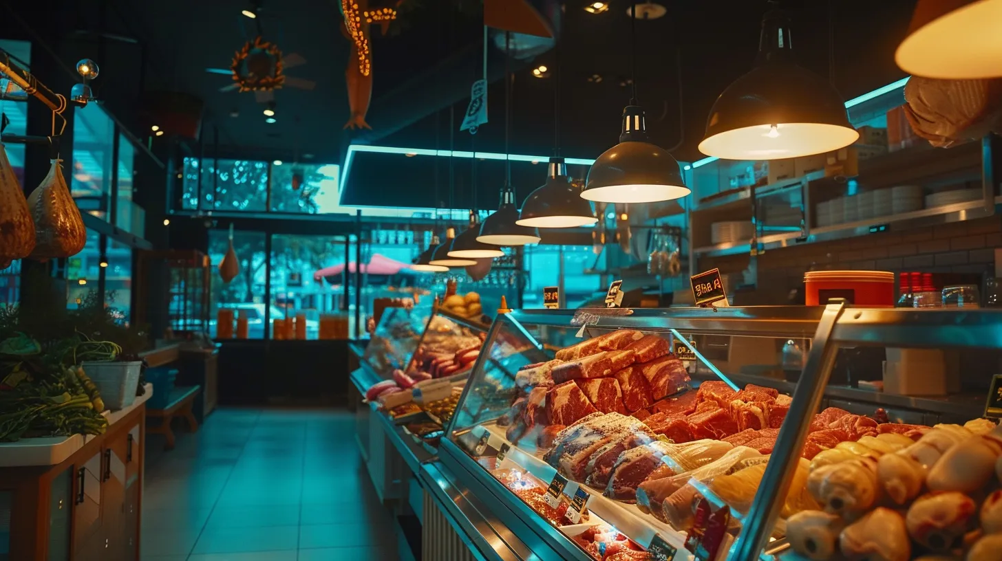 a bustling butcher shop showcases a vibrant display of expertly arranged cuts of meat, glistening under bright, focused overhead lights, highlighting the freshness and craftsmanship that defines the trade. a bustling butcher shop showcases a vibrant display of expertly arranged cuts of meat, glistening under bright, focused overhead lights, highlighting the freshness and craftsmanship that defines the trade.