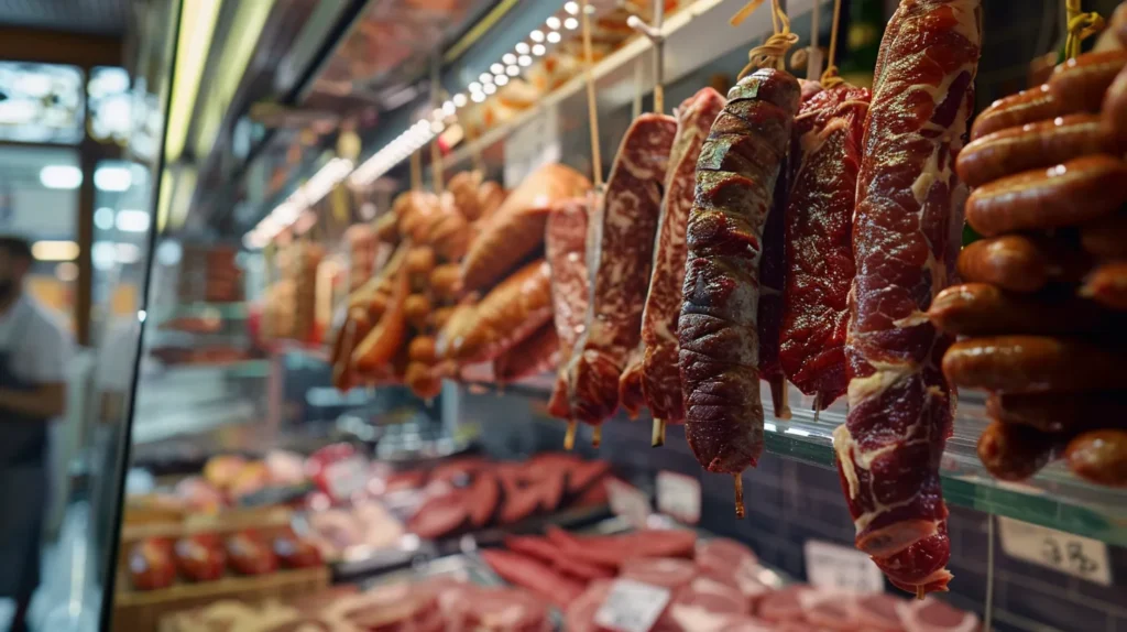 a bustling local butcher shop with hanging meat cuts and a vibrant display of artisanal sausages, contrasted against the sterile, uniform shelves of a nearby supermarket, showcasing the warmth and craftsmanship of traditional butchery in an urban setting.