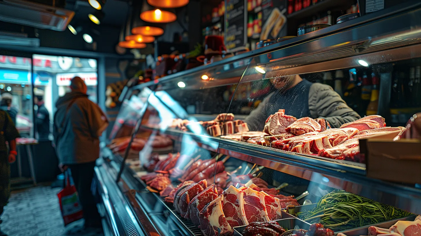 a bustling local butcher shop showcases an array of vibrant, freshly cut meats displayed on gleaming stainless steel counters, highlighting the rich colors and textures that emphasize the superior quality and flavor of locally sourced products. a bustling local butcher shop showcases an array of vibrant, freshly cut meats displayed on gleaming stainless steel counters, highlighting the rich colors and textures that emphasize the superior quality and flavor of locally sourced products.
