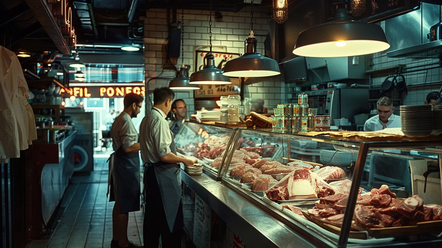 a vibrant, bustling butcher shop interior showcases a variety of expertly arranged, fresh cuts of meat on polished stainless steel counters, illuminated by overhead industrial lighting, while customers engage with attentive butchers in aprons behind a glass display case. a vibrant, bustling butcher shop interior showcases a variety of expertly arranged, fresh cuts of meat on polished stainless steel counters, illuminated by overhead industrial lighting, while customers engage with attentive butchers in aprons behind a glass display case.