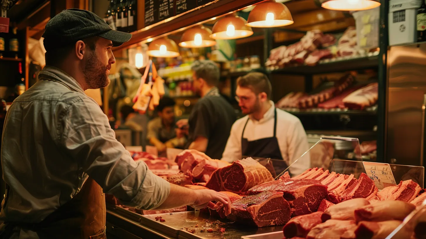 a vibrant, bustling local butcher shop showcases an array of meticulously displayed fresh cuts of meat, highlighting the rich textures of chuck steak and filet mignon under warm, inviting overhead lights, with a knowledgeable butcher engaging with a satisfied customer in the foreground. a vibrant, bustling local butcher shop showcases an array of meticulously displayed fresh cuts of meat, highlighting the rich textures of chuck steak and filet mignon under warm, inviting overhead lights, with a knowledgeable butcher engaging with a satisfied customer in the foreground.
