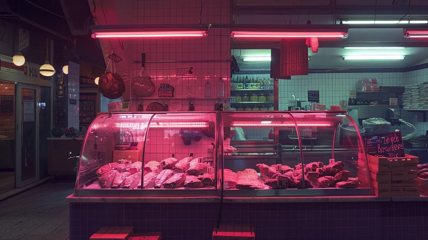 a vibrant butcher shop display showcases an array of freshly cut meats, with glistening surfaces reflecting overhead lights, while an inviting atmosphere emphasizes quality and community connection. a vibrant butcher shop display showcases an array of freshly cut meats, with glistening surfaces reflecting overhead lights, while an inviting atmosphere emphasizes quality and community connection.