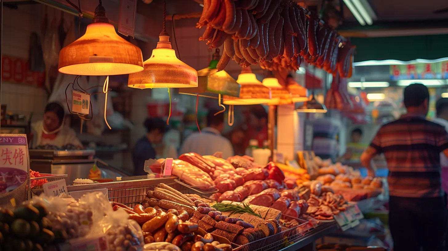 a vibrant butcher shop displays an array of fresh, expertly cut meats, showcasing a colorful assortment of sausages and marinades, with customers eagerly discussing their favorite selections amidst a warm, inviting atmosphere. a vibrant butcher shop displays an array of fresh, expertly cut meats, showcasing a colorful assortment of sausages and marinades, with customers eagerly discussing their favorite selections amidst a warm, inviting atmosphere.