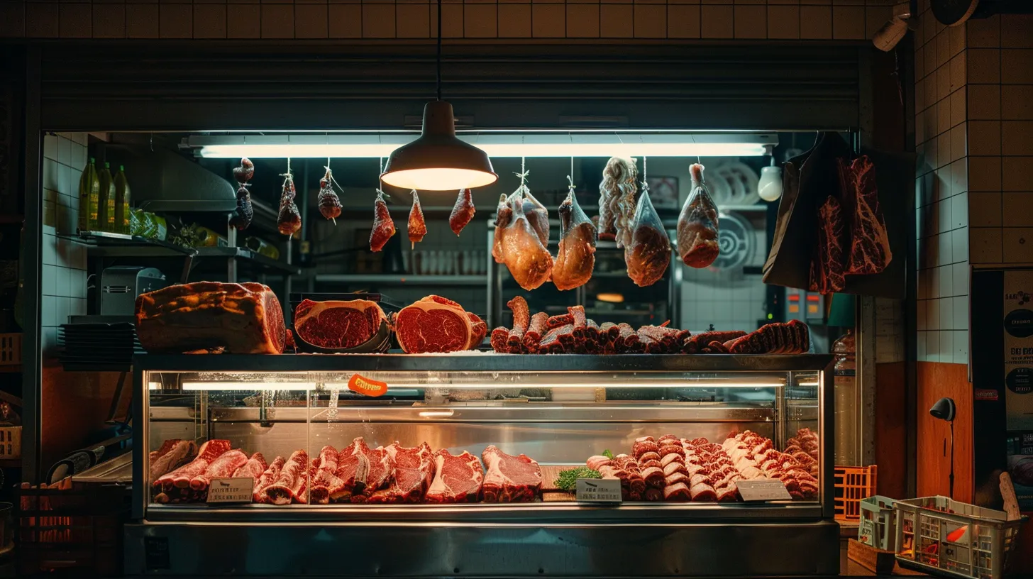 a vibrant butcher shop features an array of expertly arranged meats, showcasing rich textures and deep colors against a sleek, stainless steel backdrop, illuminated by warm overhead lights that enhance the artisanal presentation. a vibrant butcher shop features an array of expertly arranged meats, showcasing rich textures and deep colors against a sleek, stainless steel backdrop, illuminated by warm overhead lights that enhance the artisanal presentation.