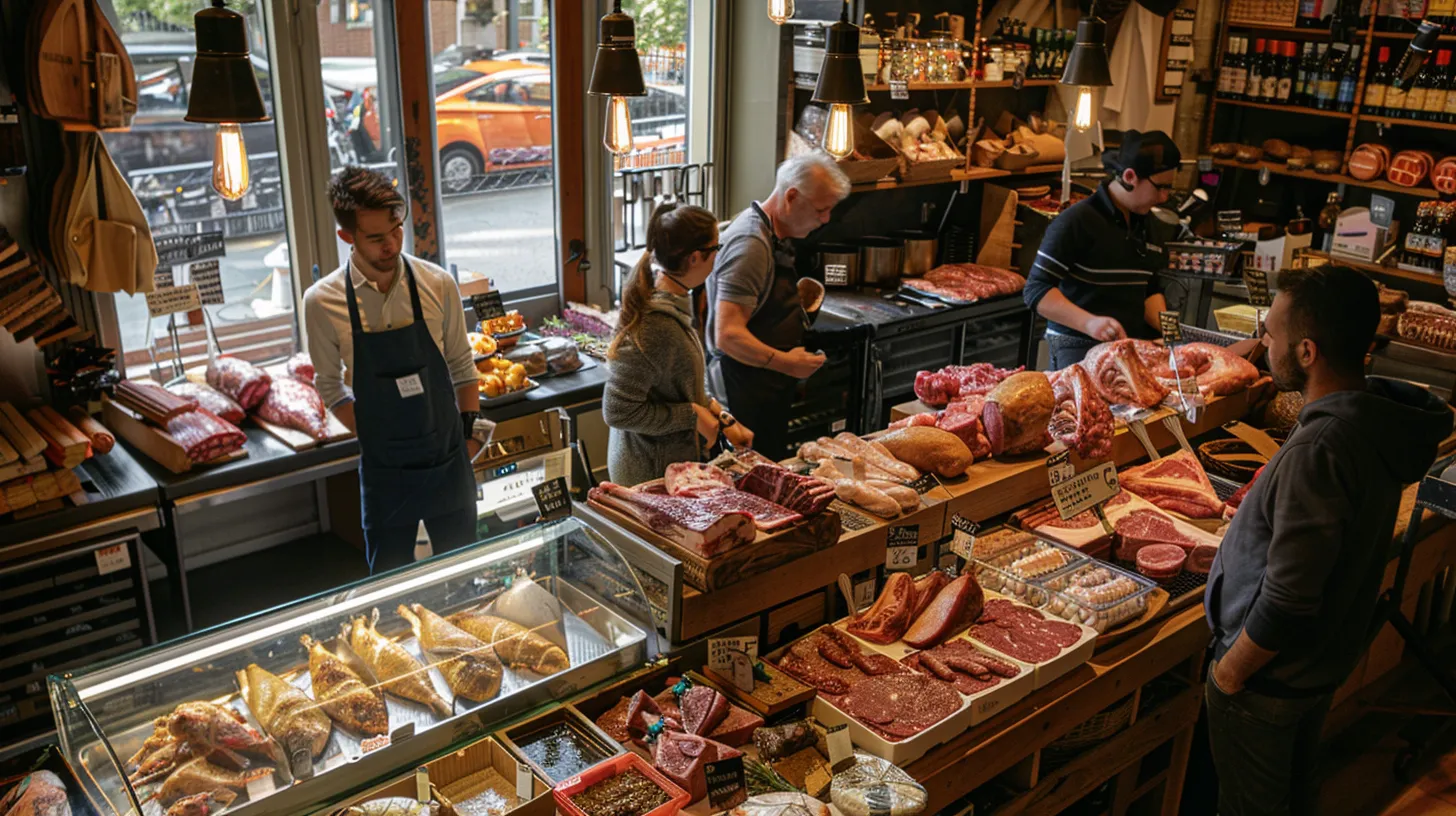 a vibrant butcher shop interior displays a diverse array of freshly cut meats and artisanal products, with warm wooden accents and bustling customers engaged in lively conversation, emphasizing the shop's vital role in supporting the local economy. a vibrant butcher shop interior displays a diverse array of freshly cut meats and artisanal products, with warm wooden accents and bustling customers engaged in lively conversation, emphasizing the shop's vital role in supporting the local economy.