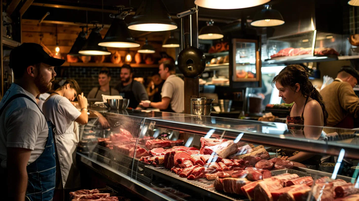 in a bustling butcher shop, the warm glow of overhead lights reflects off polished display cases filled with expertly arranged cuts of meat, while cheerful customers engage with knowledgeable staff, creating a vibrant atmosphere that emphasizes community and craftsmanship. in a bustling butcher shop, the warm glow of overhead lights reflects off polished display cases filled with expertly arranged cuts of meat, while cheerful customers engage with knowledgeable staff, creating a vibrant atmosphere that emphasizes community and craftsmanship.