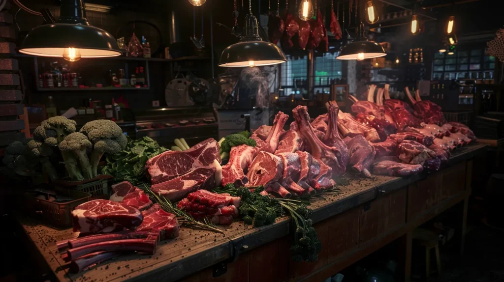 a vibrant butcher shop displays an array of meticulously arranged, glistening cuts of fresh meat on polished wooden counters, illuminated by warm overhead lights, showcasing the artisanal craftsmanship of local butchers.