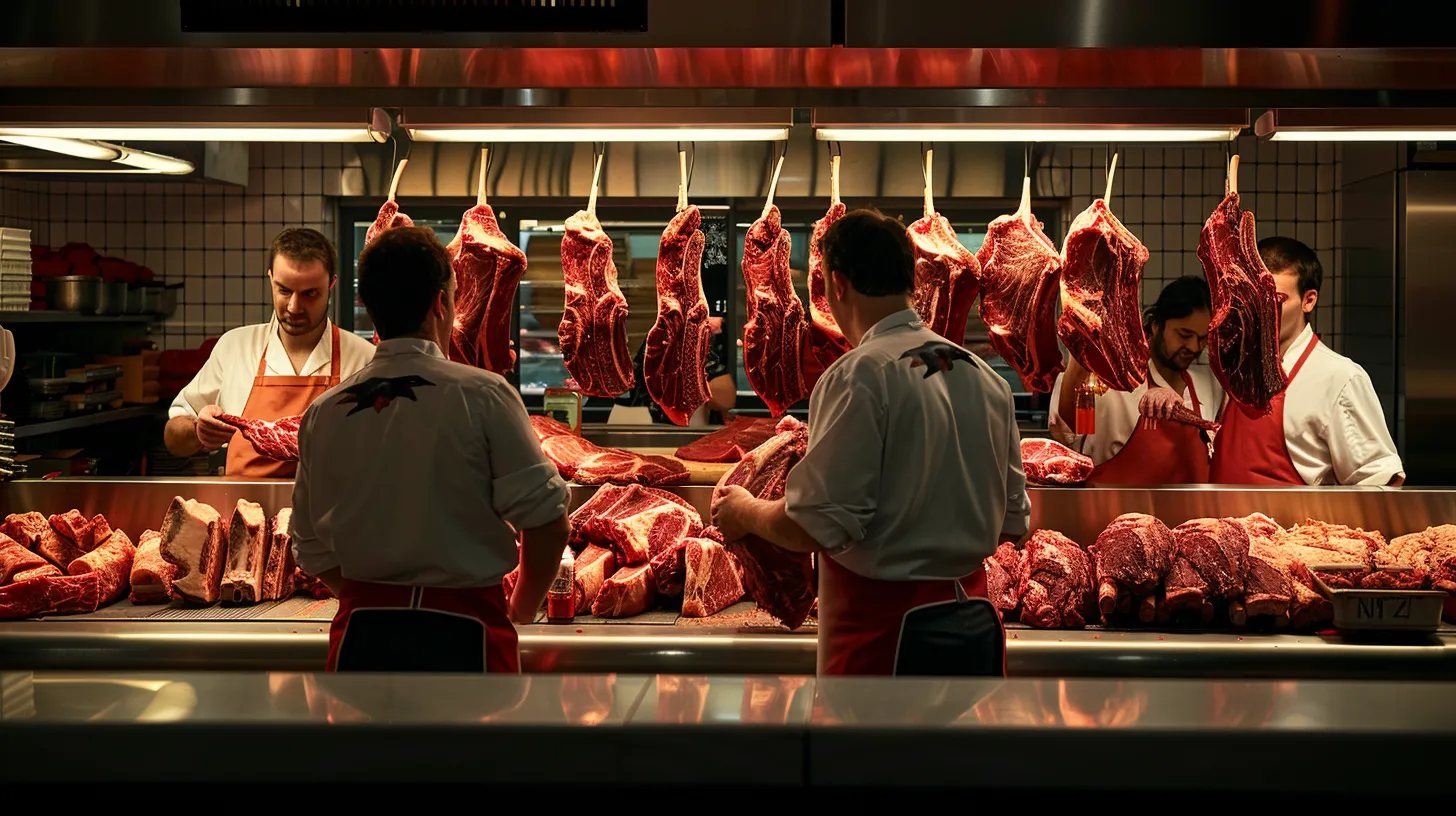 a neatly organized butcher shop showcases a vibrant array of freshly cut meats, with gleaming stainless steel counters and expert butchers engaged in lively discussions with customers, all illuminated by warm indoor lighting that highlights the quality and craftsmanship of the products. a neatly organized butcher shop showcases a vibrant array of freshly cut meats, with gleaming stainless steel counters and expert butchers engaged in lively discussions with customers, all illuminated by warm indoor lighting that highlights the quality and craftsmanship of the products.