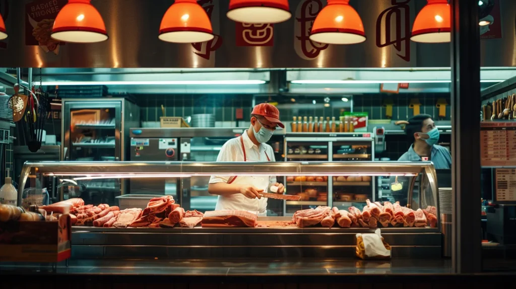 a vibrant butcher shop interior showcases an array of expertly displayed meats on gleaming stainless steel counters, with a skilled butcher attentively working behind a polished glass case, bathed in warm, inviting pendant lighting that highlights the freshness and quality of the products.