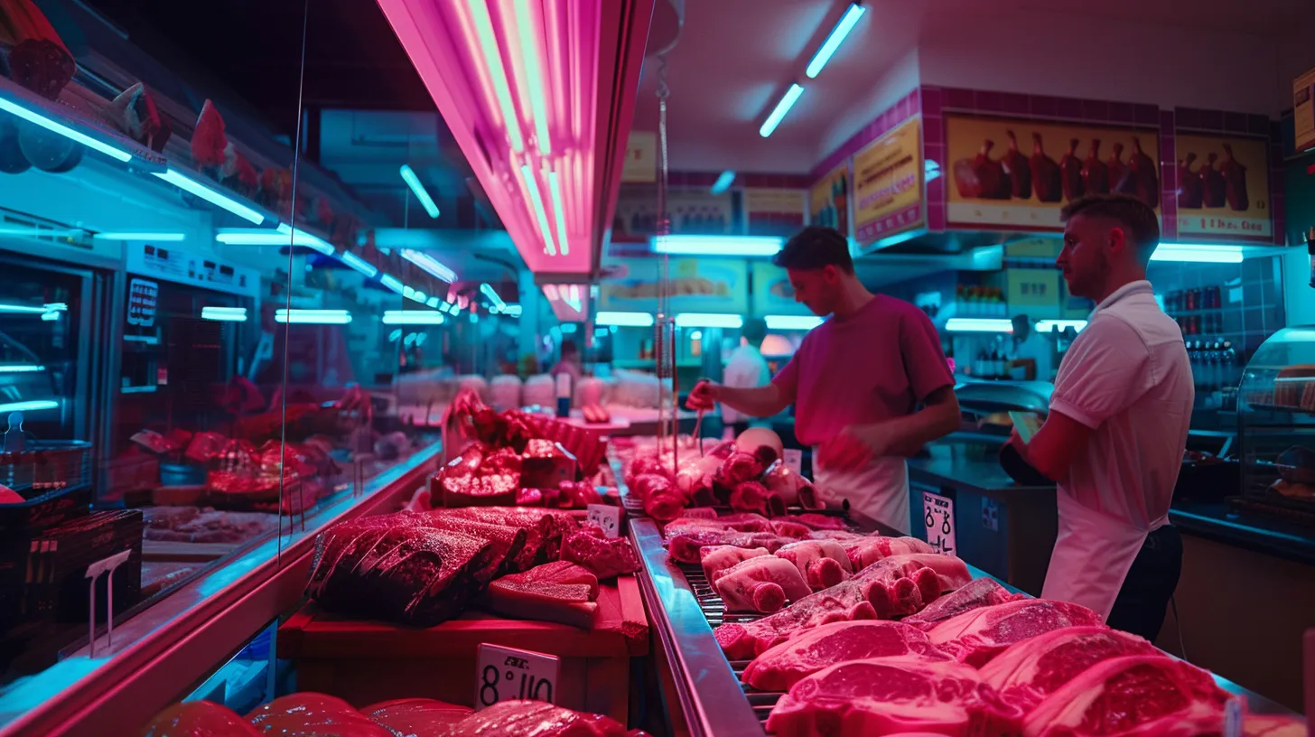 a vibrant butcher shop interior showcases an array of expertly arranged, colorful cuts of fresh meat under bright, clean lighting, with knowledgeable staff engaged in friendly conversation with customers amidst an impeccably organized environment. a vibrant butcher shop interior showcases an array of expertly arranged, colorful cuts of fresh meat under bright, clean lighting, with knowledgeable staff engaged in friendly conversation with customers amidst an impeccably organized environment.
