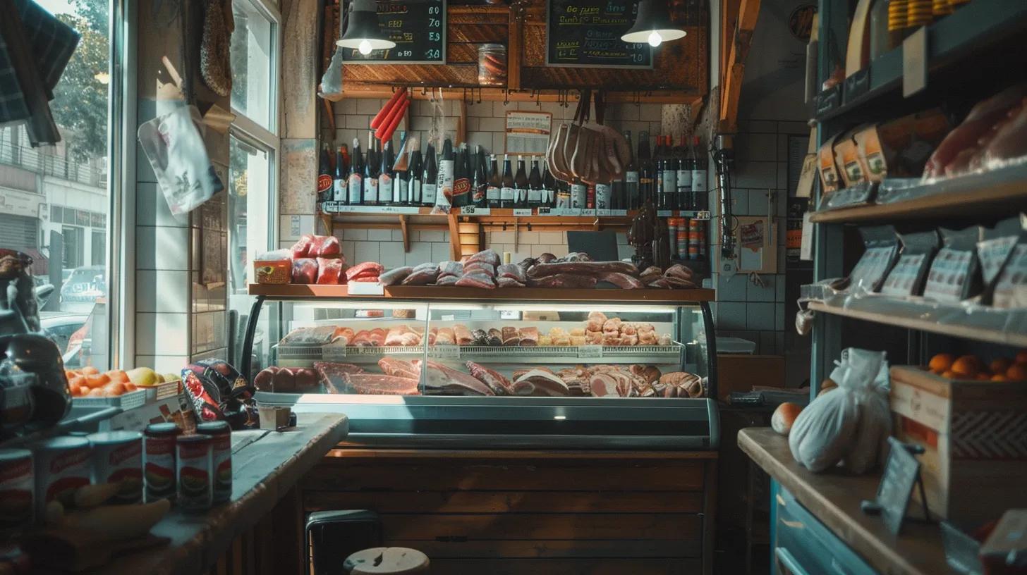 a bright and inviting butcher shop interior showcases neatly displayed cuts of organic meat, surrounded by rustic wooden shelves filled with artisanal products, emphasizing the expertise and quality of local organic butchery. a bright and inviting butcher shop interior showcases neatly displayed cuts of organic meat, surrounded by rustic wooden shelves filled with artisanal products, emphasizing the expertise and quality of local organic butchery.