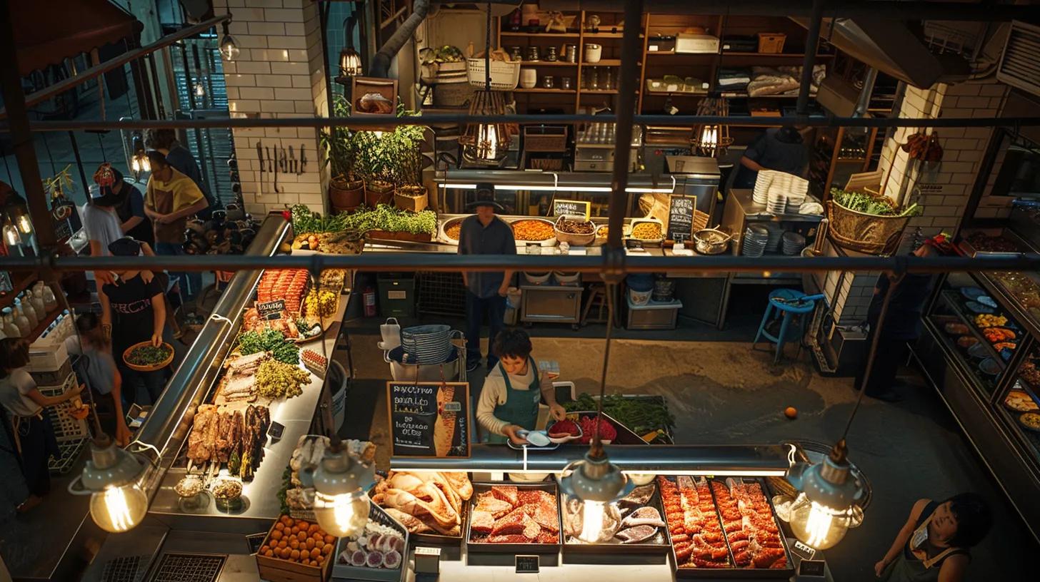 a bustling butcher shop showcases an array of vibrant organic meats, highlighted under warm, industrial lighting, emphasizing their fresh quality and health-centric appeal. a bustling butcher shop showcases an array of vibrant organic meats, highlighted under warm, industrial lighting, emphasizing their fresh quality and health-centric appeal.