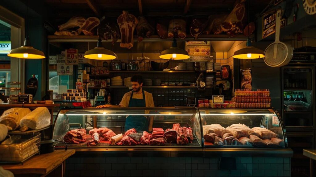 a vibrant butcher shop interior, showcasing an array of carefully arranged, locally sourced organic meats, with a knowledgeable butcher prominently discussing the quality and benefits of their products under warm, focused lighting.