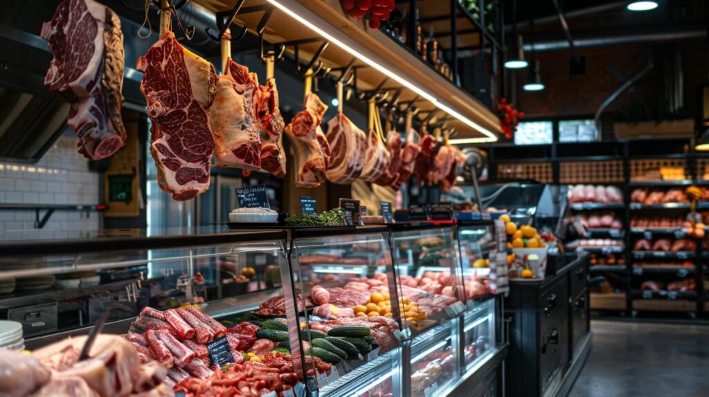 a vibrant, well-organized butcher shop displays a tantalizing array of fresh, high-quality meats hanging behind gleaming glass counters, inviting customers to explore the best local offerings in a polished, contemporary setting.