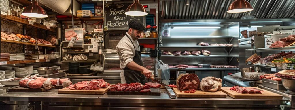 a bustling urban butcher shop, with gleaming stainless steel counters, an array of perfectly displayed meats, and a skilled butcher in a crisp white apron expertly cutting fresh cuts, all under bright fluorescent lighting that highlights the freshness and craftsmanship.