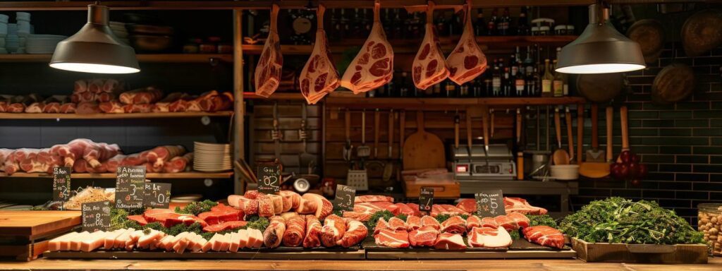 an inviting butcher shop interior, showcasing neatly arranged, vibrant cuts of fresh meat displayed under warm, overhead lights, with a backdrop of traditional tools and rustic decor, emphasizing the local craftsmanship of butchery in a cozy urban setting.