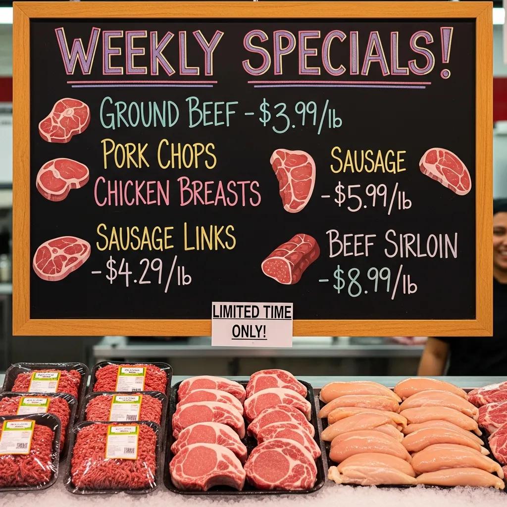 Butcher shop specials board displaying discounted meat cuts and promotions
