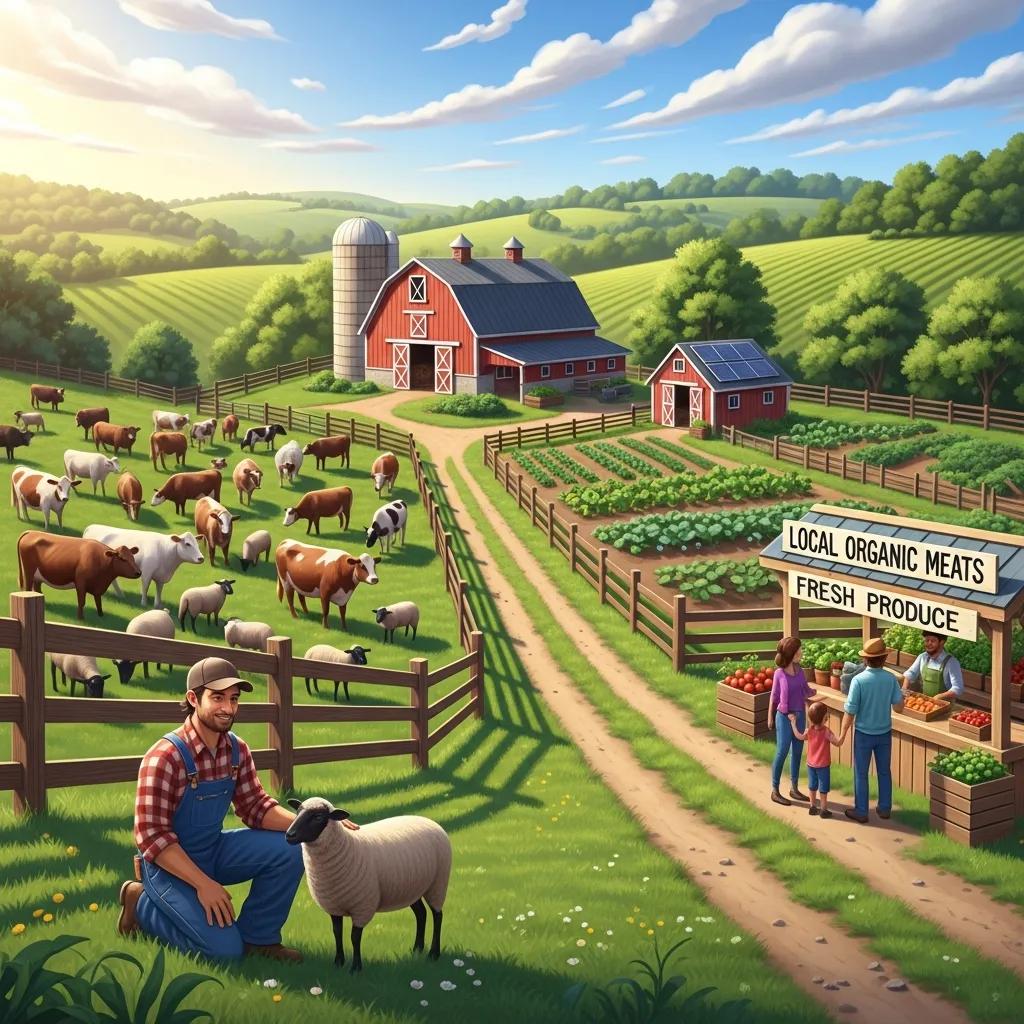 Local farm with animals grazing, showcasing sustainable practices and community engagement