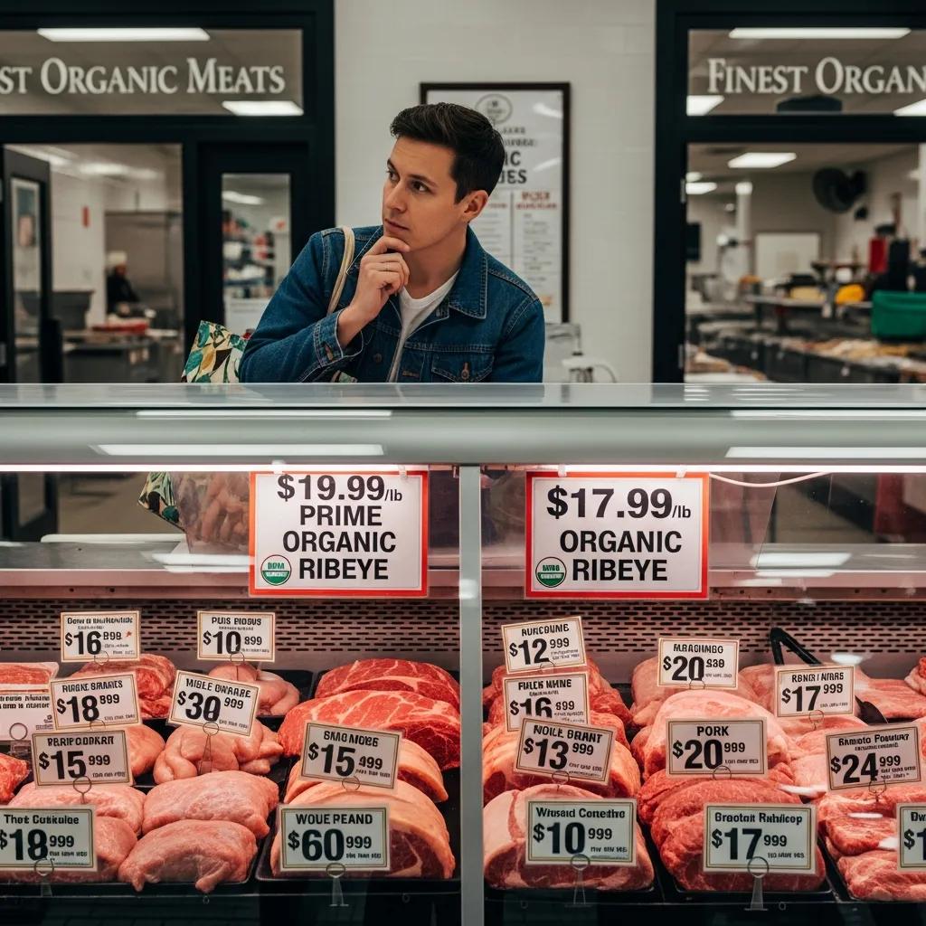 A shopper comparing prices of organic meats at different butcher shops, focusing on quality and value